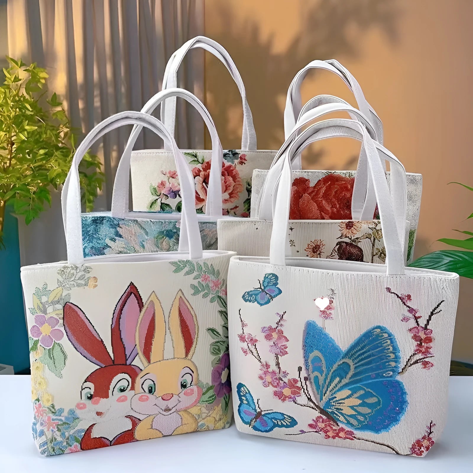 Double-sided gold wire embroidered canvas tote bag showing Bunny design with reinforced base
