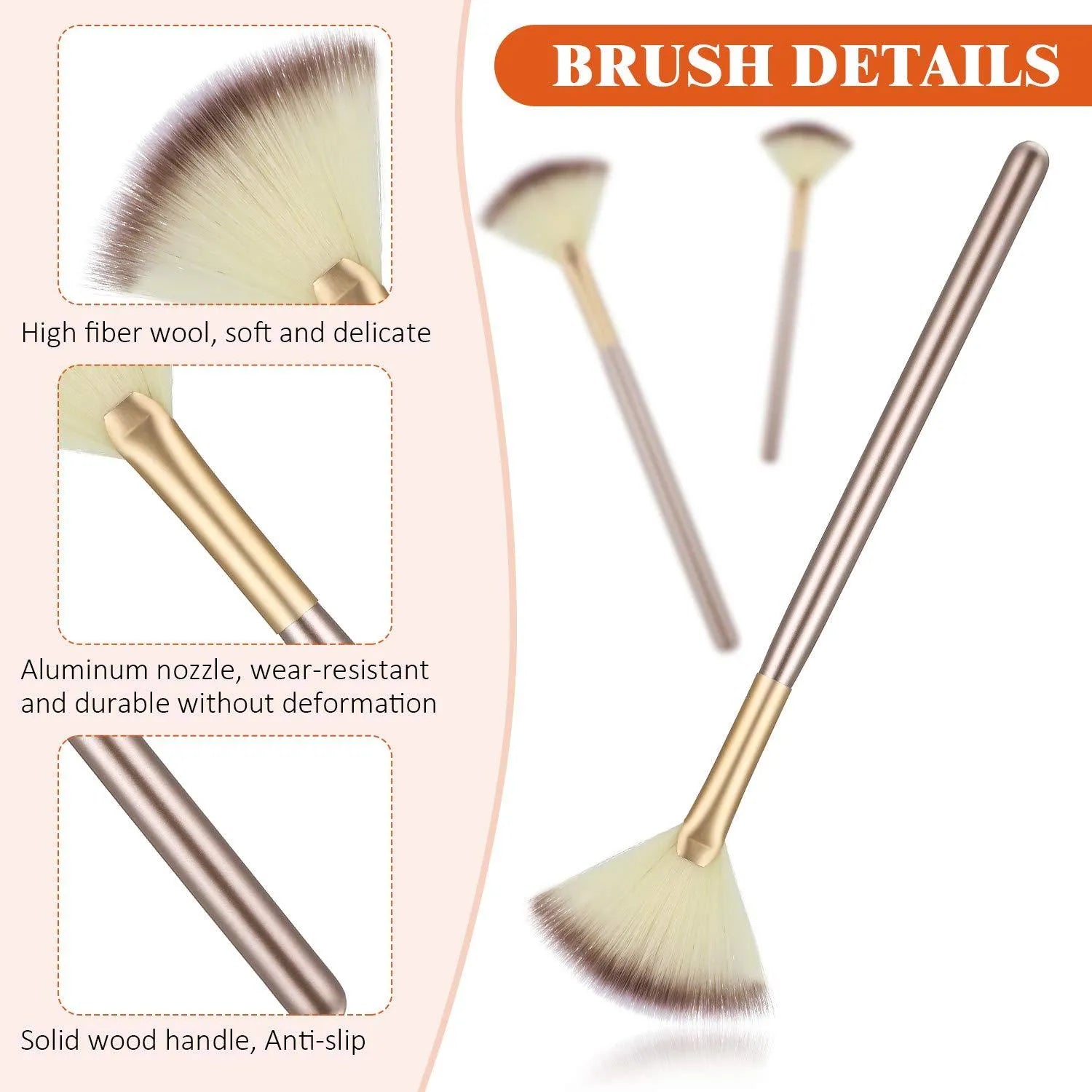 10 professional facial fan brushes with champagne finish acrylic handles and protective covers