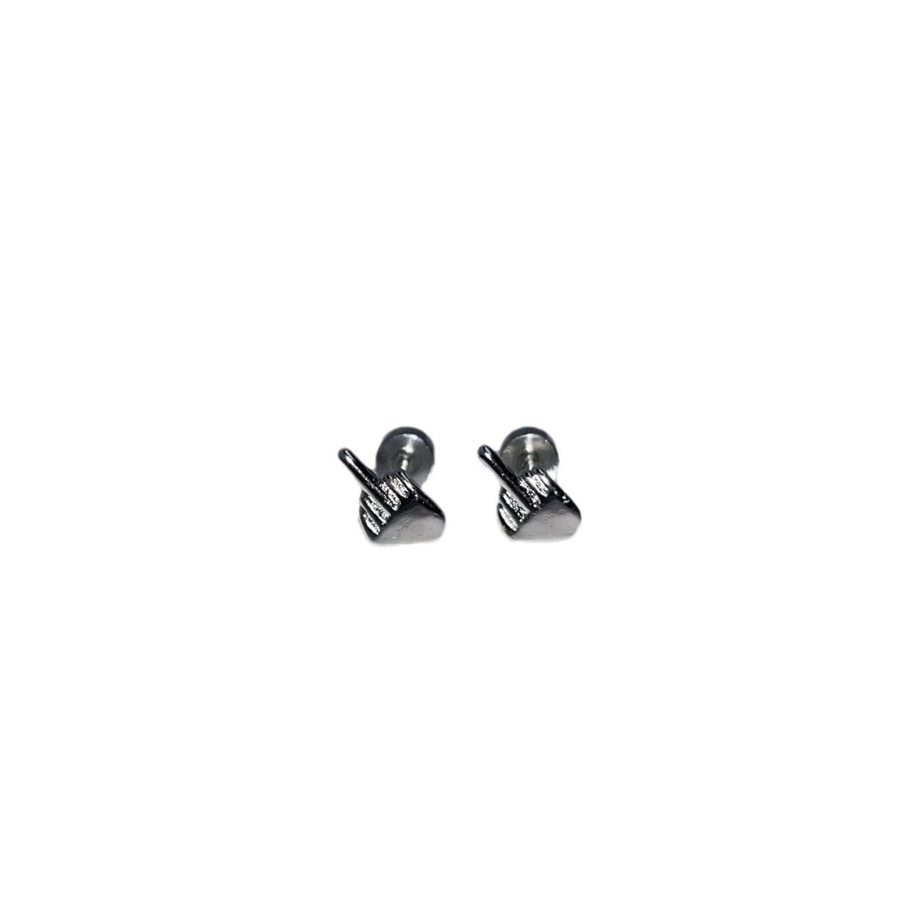 Niche quirky middle finger alloy screw clasp ear cartilage earring for women, vertical motif, bow shape, one pair