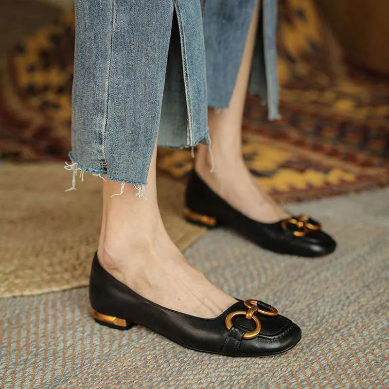 Women's black Wanwan Lei style square toe low heel pumps with shallow mouth and elasticated heel tab.