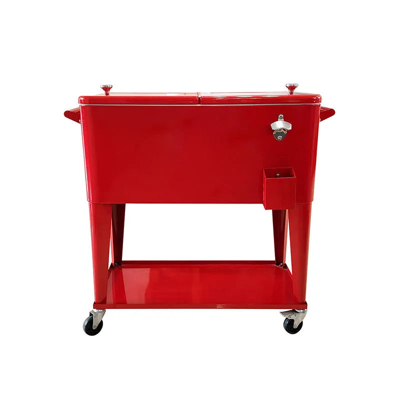 Red insulated outdoor trolley with wheels and 750ml capacity for picnics