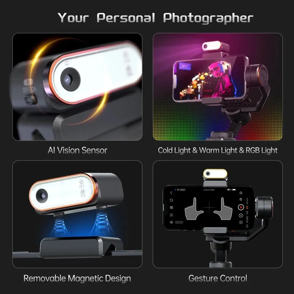 Black AI face fill light three-axis stabiliser with smartphone attached and magnetic fill light