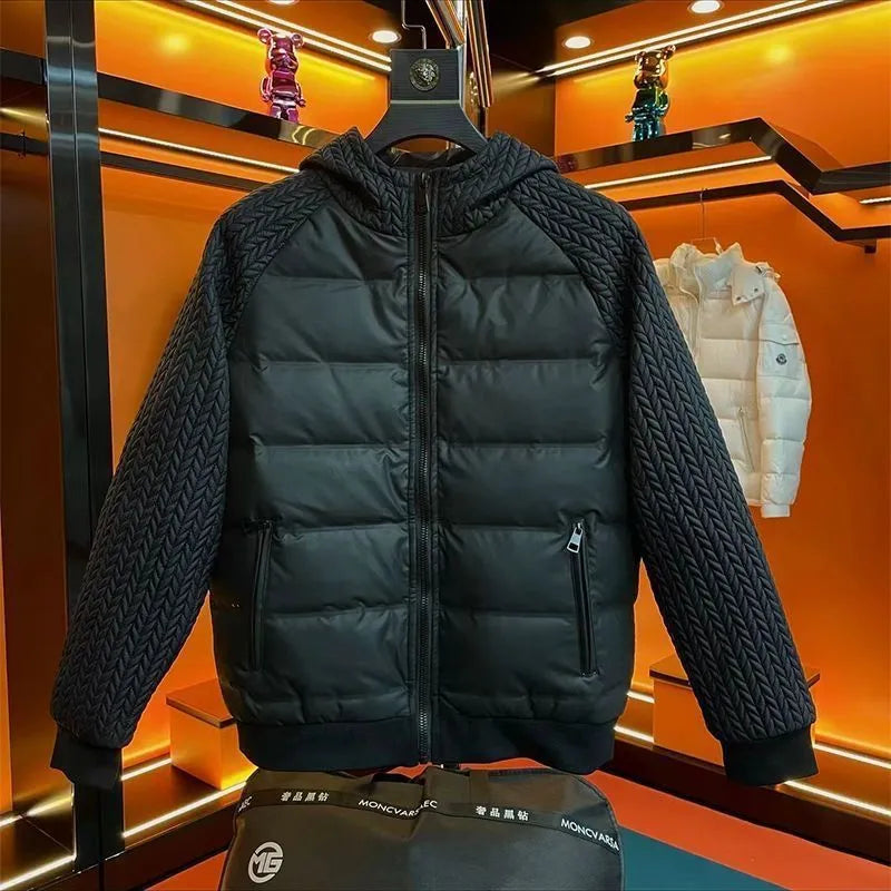 Men's black thick slim-fit hooded winter coat in polyester fibre on model