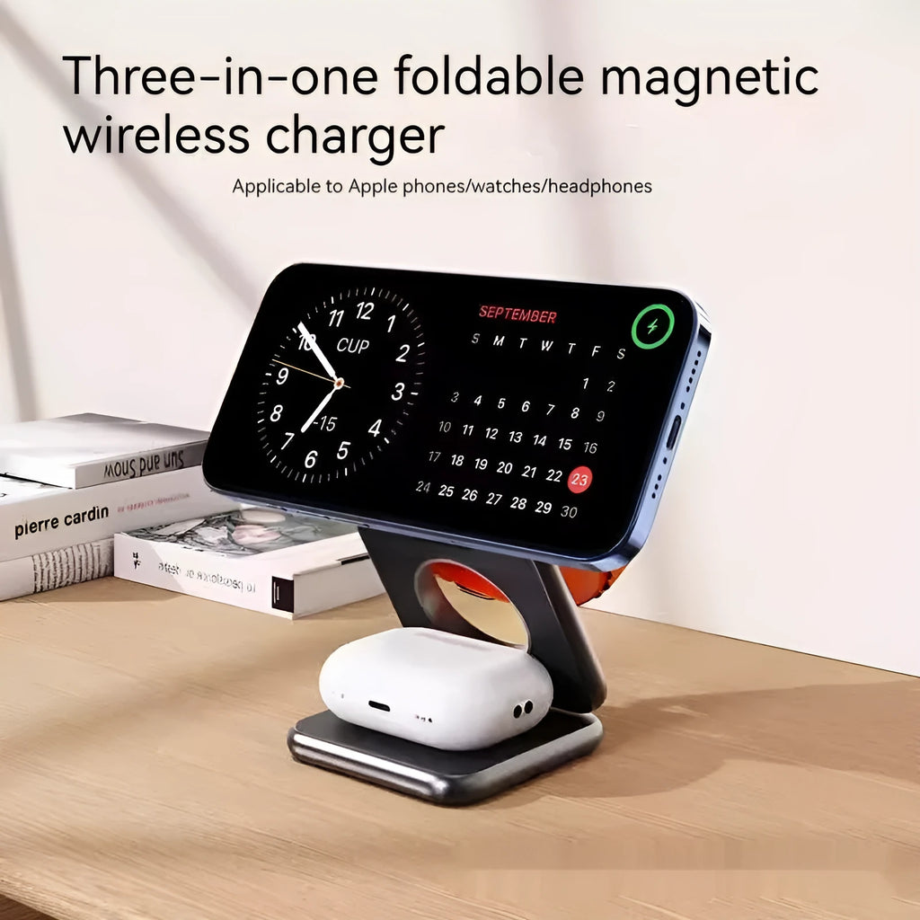 Foldable black magnetic wireless charging phone holder mounted on a car dashboard.