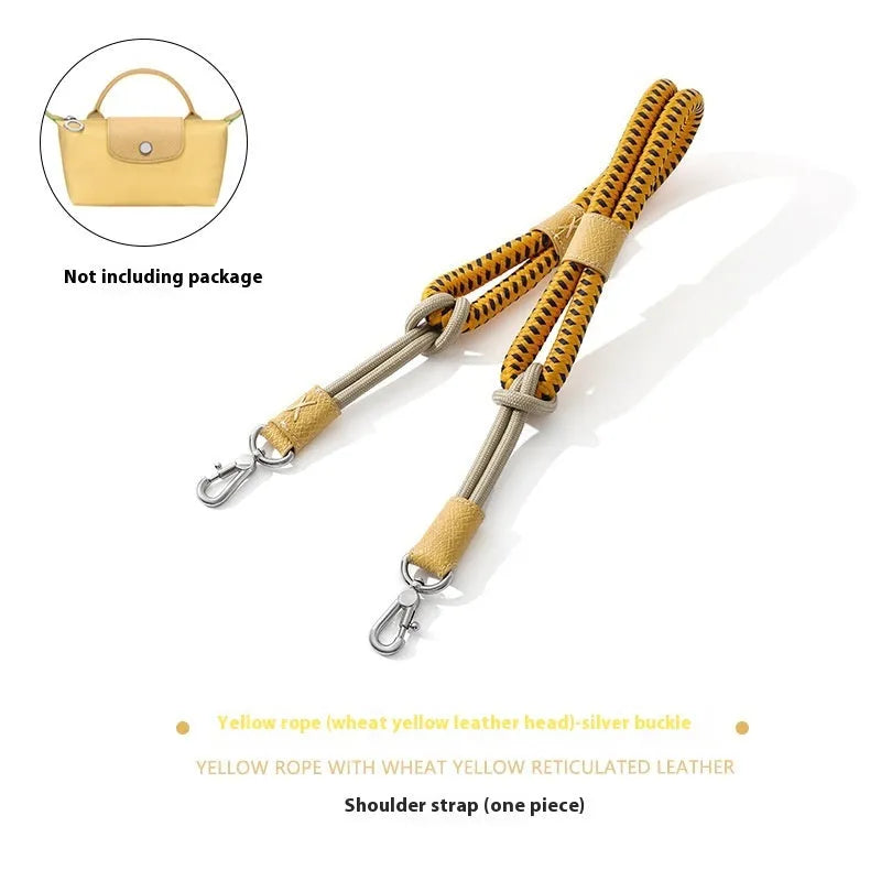 Braided nylon and cowhide leather crossbody strap with alloy buckle in gold or silver finish