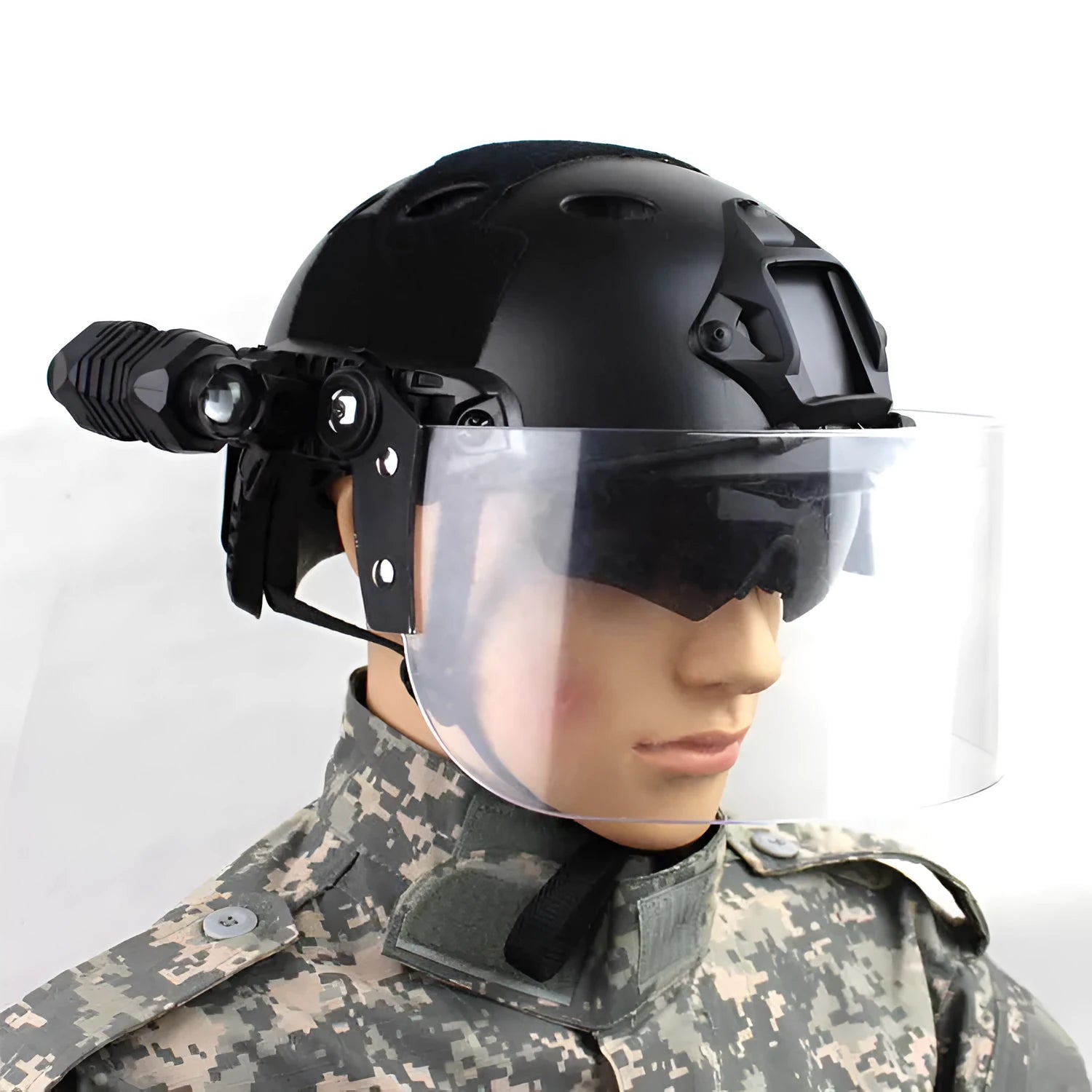 Transparent polycarbonate safety mask for helmet attachment, 30cm wide by 15cm high.