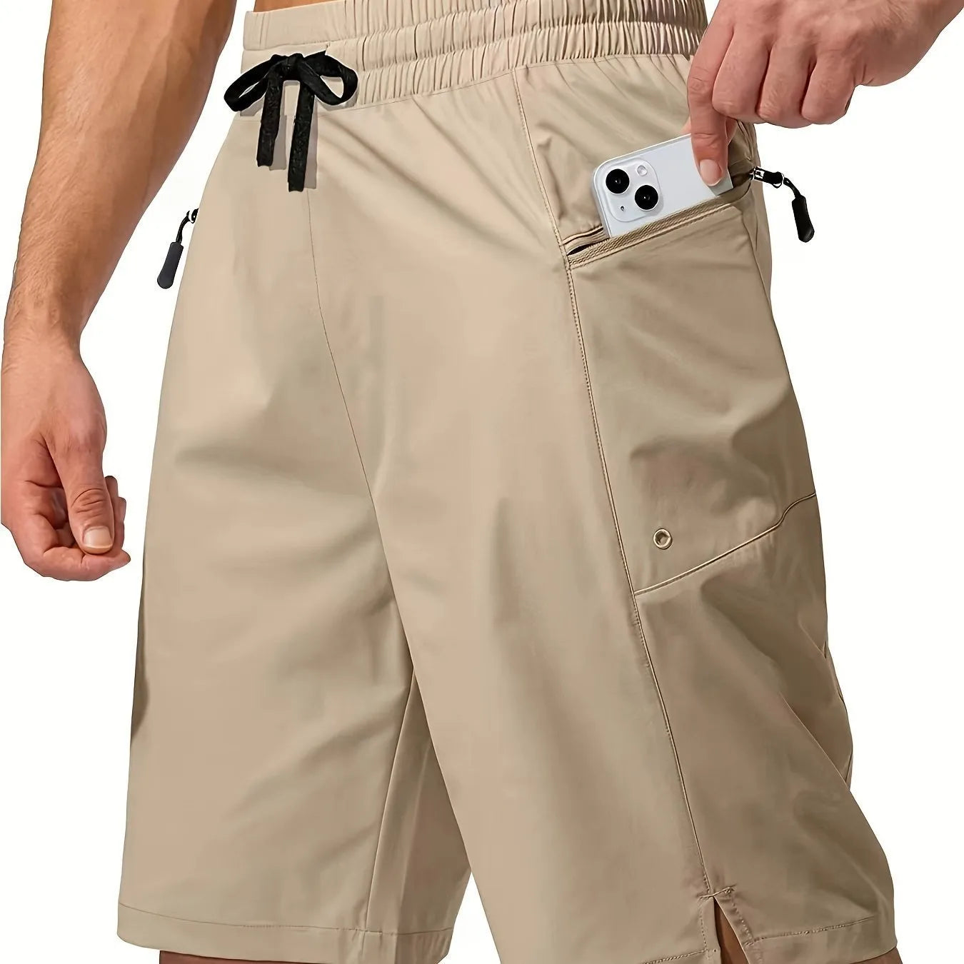 Men's solid colour quick-drying beach shorts with straight-leg design