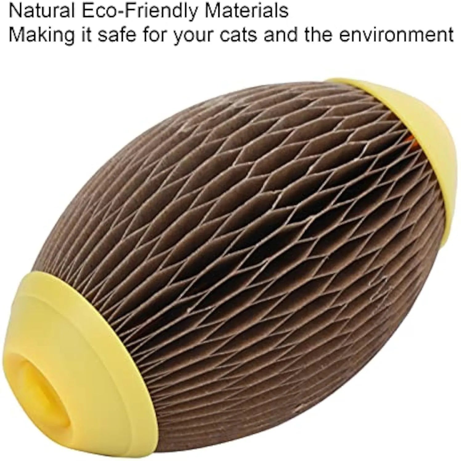 Elliptical corrugated paper catnip football toy measuring 65x108mm