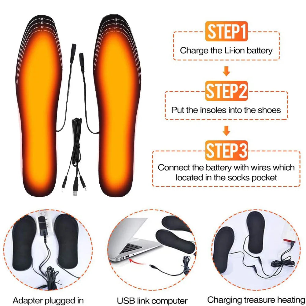 Pair of USB heated shoe insoles with cut-to-fit design for winter warmth