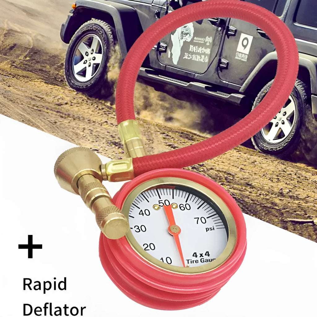 Mechanical tyre pressure gauge for SUV and off-road vehicles with metal body and rubber shell.