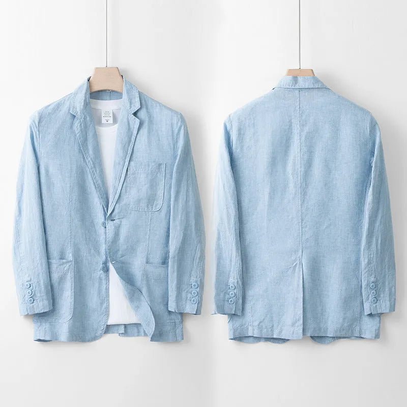 Men's loose fit linen casual suit jacket in solid colour, shown in available colours: white, black, natural linen, sky blue, navy blue.
