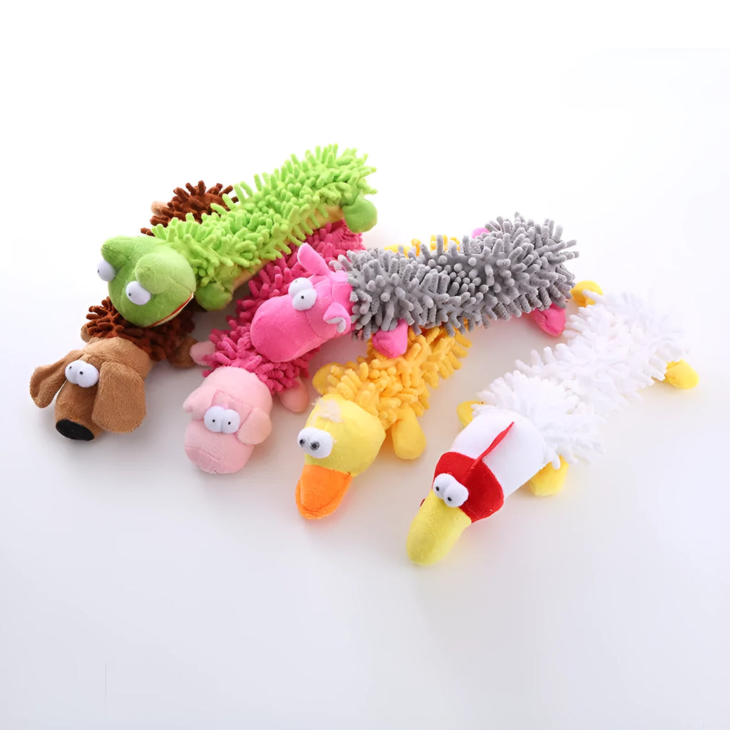 Brown dog design microfiber plush molar toy for horses shown beside pink pig version