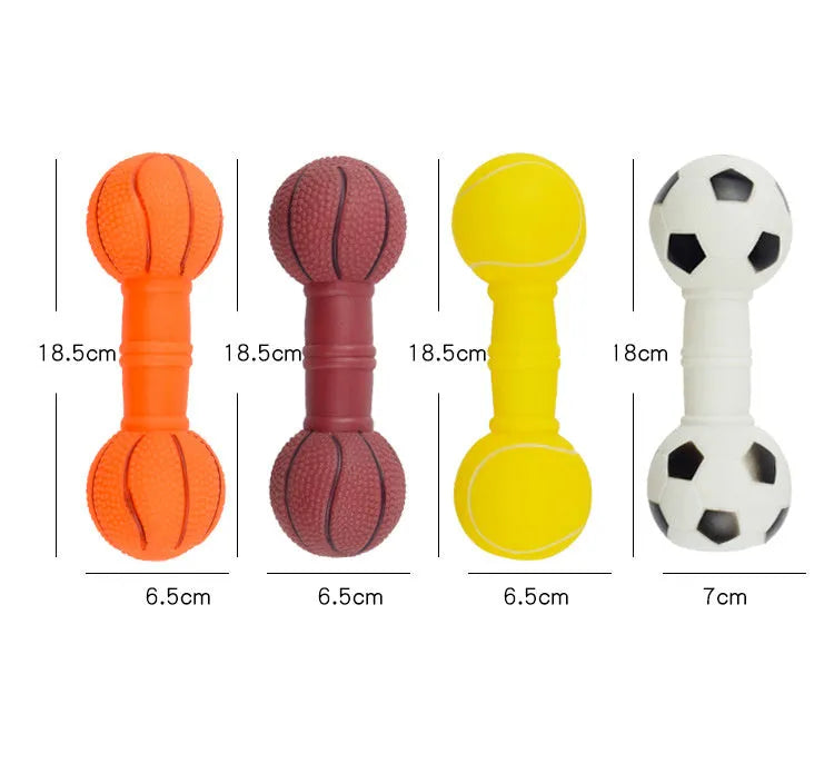 Football dumbbell shaped dog chew toy with squeaker in brown, orange, white, and yellow colour options.