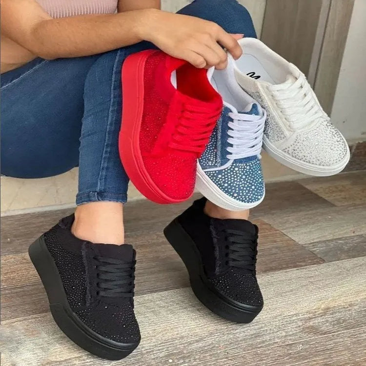 Plus size women's black casual shoes with thick rubber sole, lace-up front and rhinestone decoration