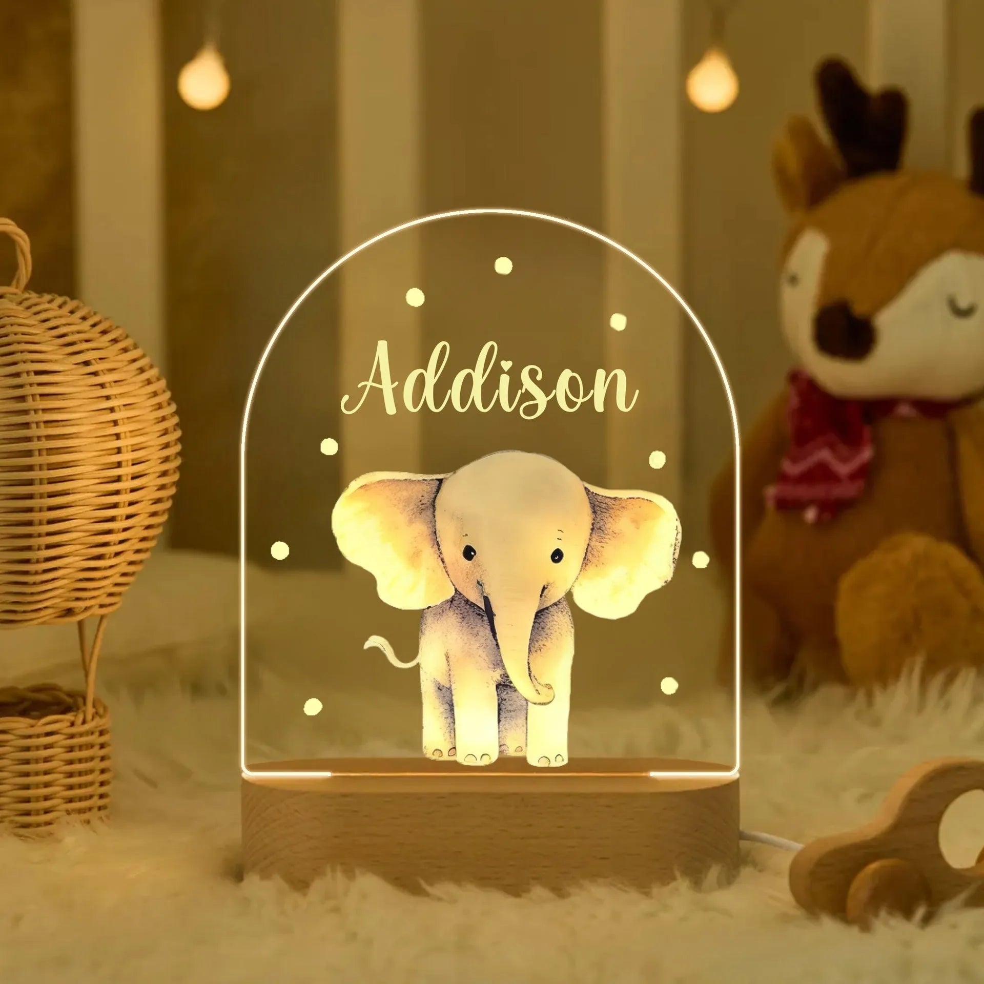 Personalised children's acrylic LED night light with 14.5cm elliptical base, socket power and button switch