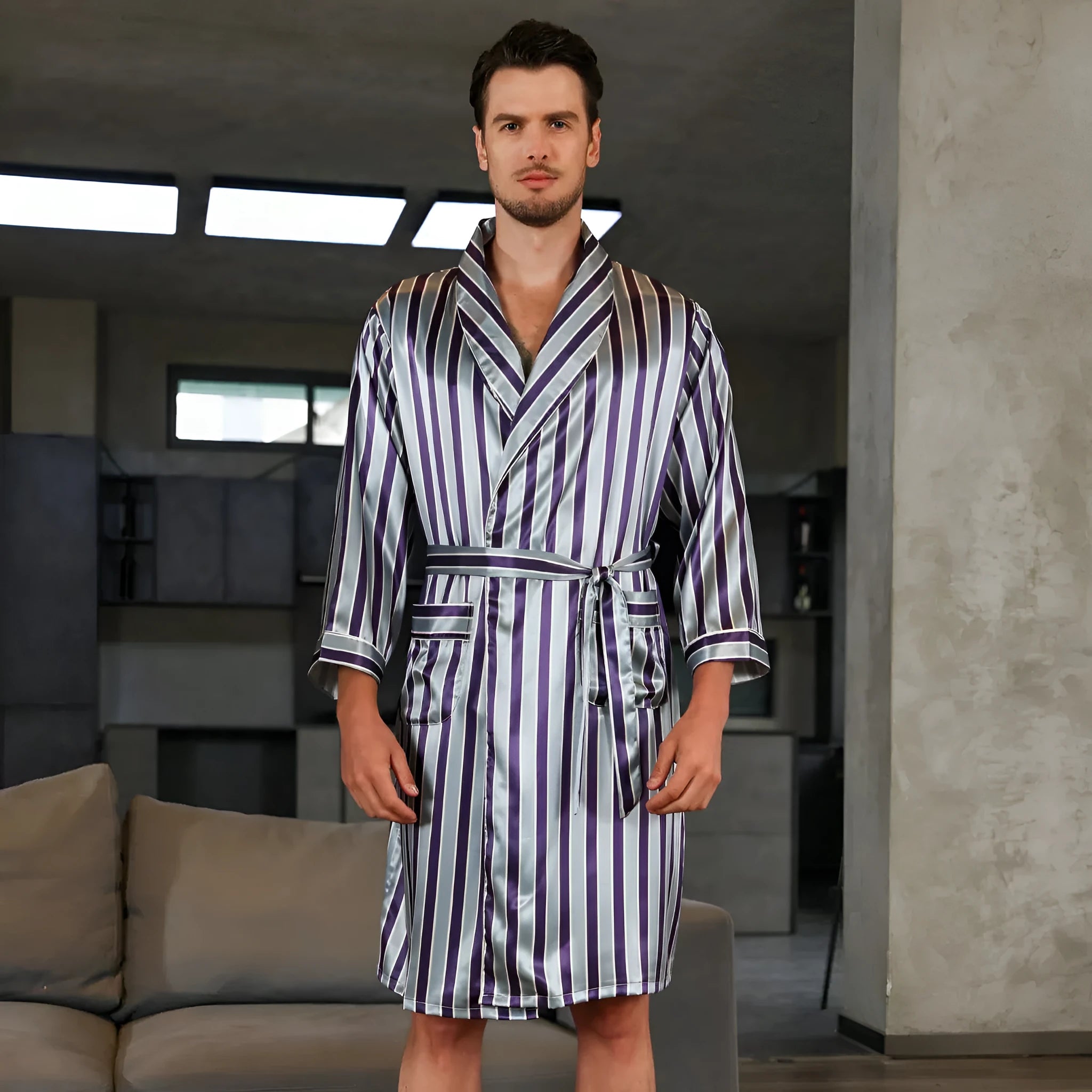 Men's summer silk bathrobe nightgown in rayon fabric showing colour options
