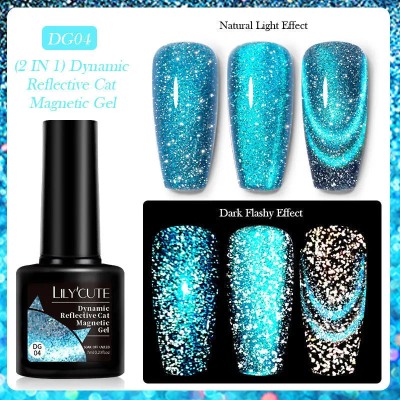 Cat eye series gel nail polish bottles showing six colour variations with diamond glitter fragments