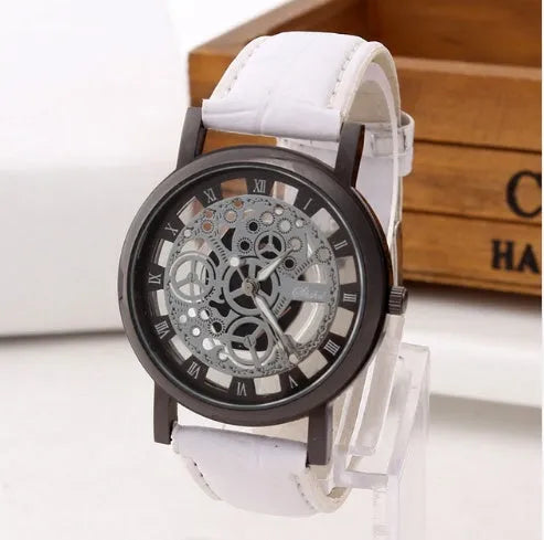 Round 40mm stainless steel fashion hollow belt quartz watch with black leather strap and buckle closure