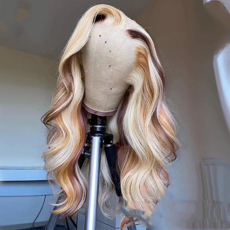 100% human hair body wave lace front wig with blonde highlights, 13X4 lace front, on a mannequin head