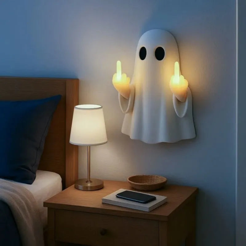 White plastic ghost statue Halloween night lamp with battery-operated LED light, 19.85cm tall