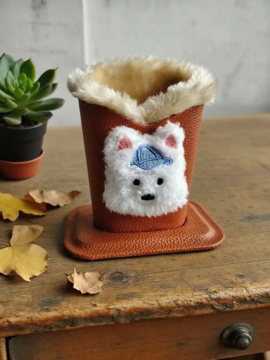 Nordic style fluffy cartoon desktop glasses storage bucket in leather with animal design, 11.6x8.1x12cm