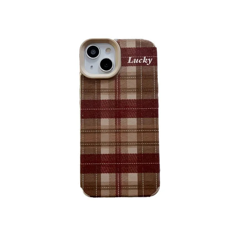 Light Coffee Plaid Lucky silicone phone case for iPhone 14 with embossed letter pattern and all-inclusive coverage