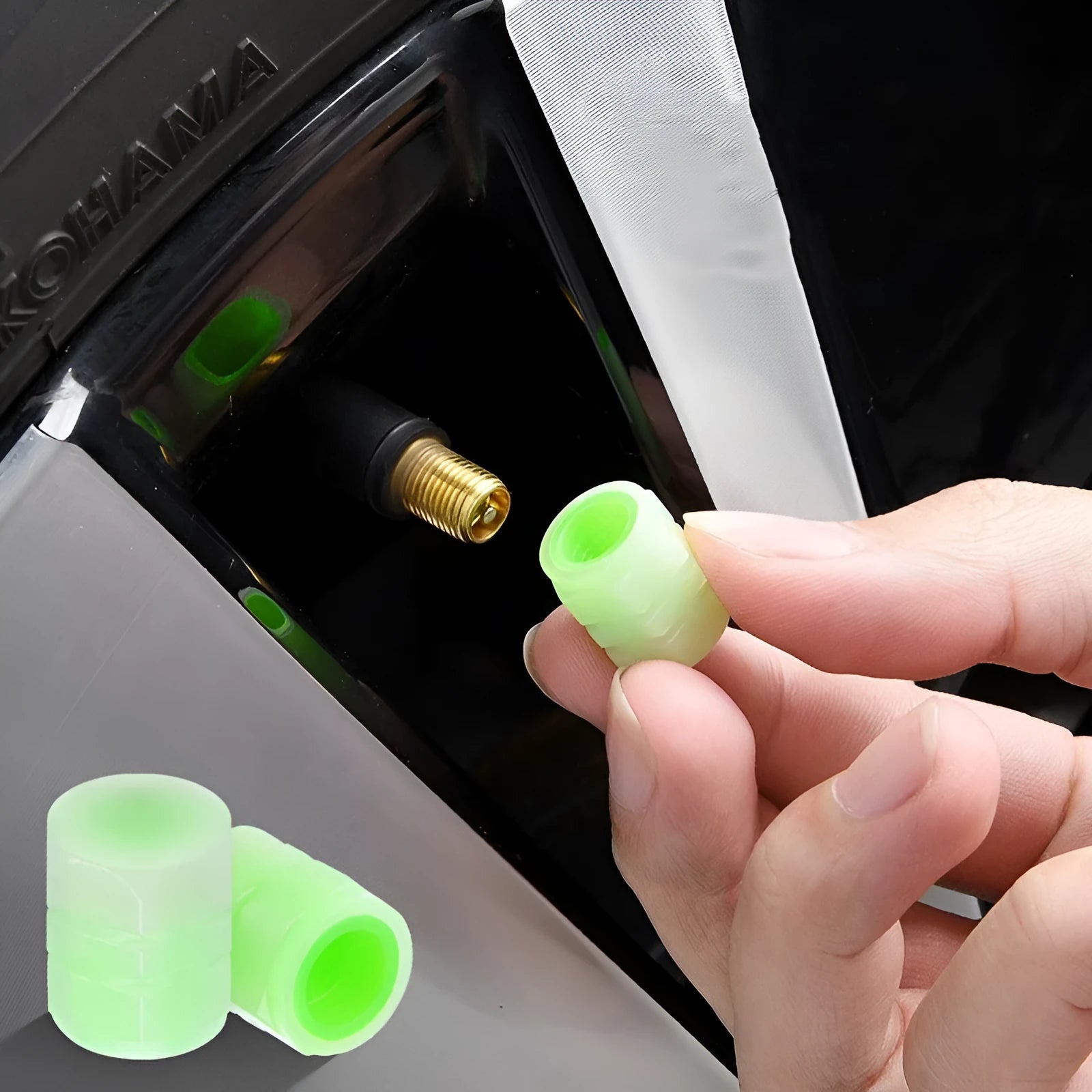 Car luminous valve caps with rubber seals measuring 16mm length