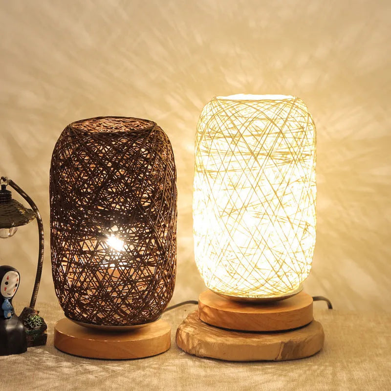 Sepak Takraw twine desk lamp with hemp rope shade and solid wood base