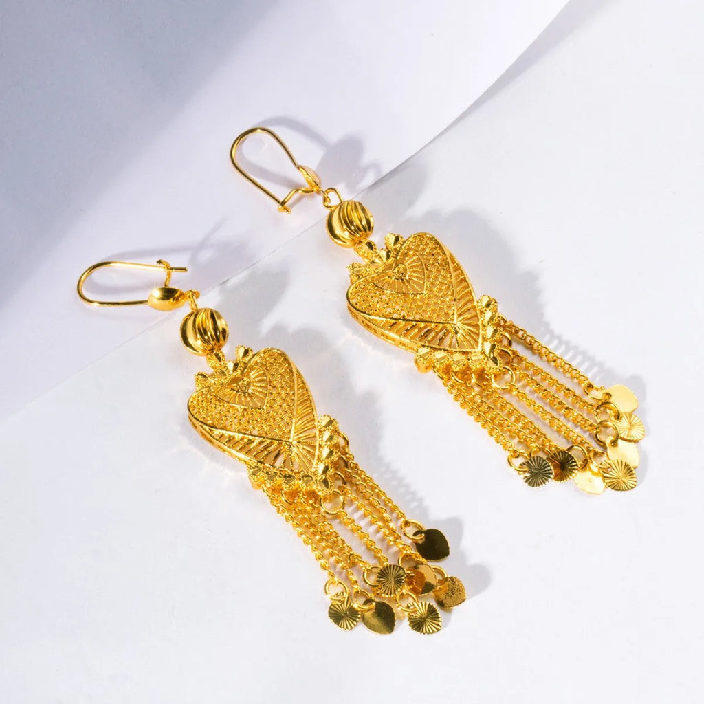 Golden hollow heart tassel long drop copper earrings for women retro OL style