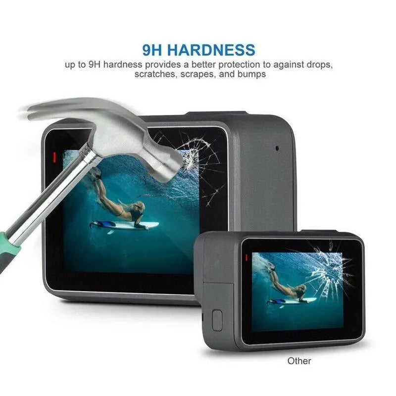Transparent tempered glass screen and lens protector kit for GoPro Hero 5, 6, and 7 cameras