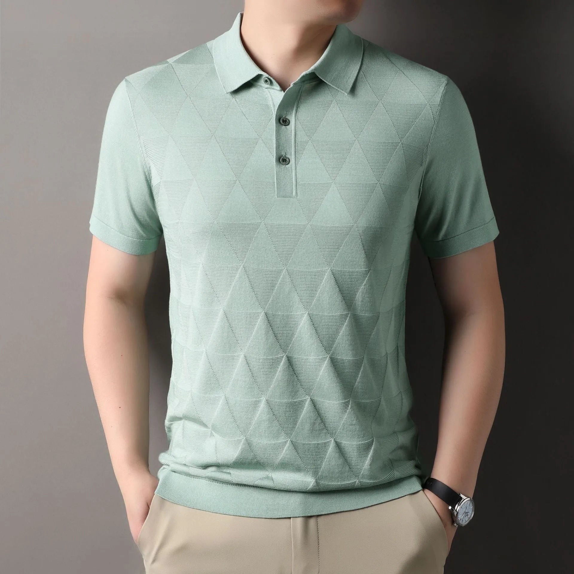 Men's thin ice silk short sleeve T-shirt in DX525 green colour showing regular fit
