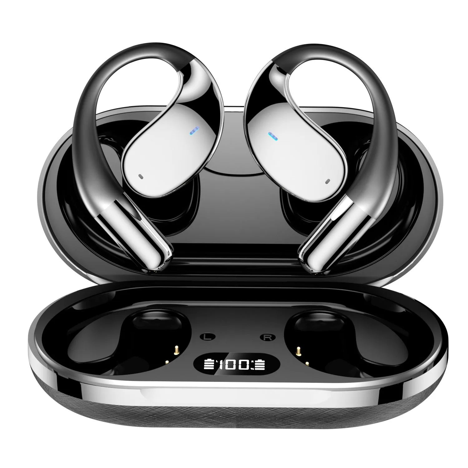Black sports Bluetooth earphones with ear-hook design, shown next to charging case.