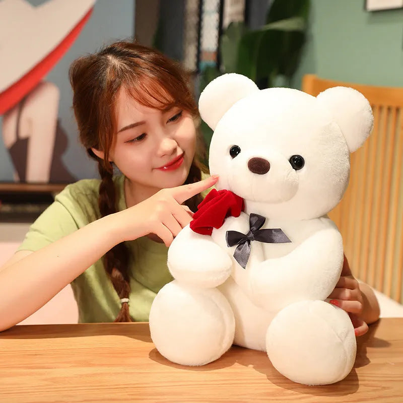 Rose bear plush pillow stuffed animal doll in beige, brown or grey with clear cartoon printing