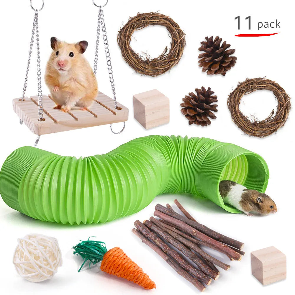Wooden pet toy set with molar stick, straw mattress and woven balls for rabbits, guinea pigs and parrots