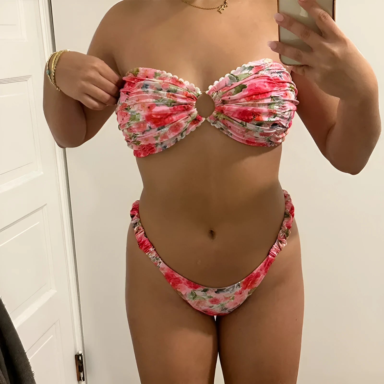 Floral print lace trim bikini set in blue colour, European style swimwear