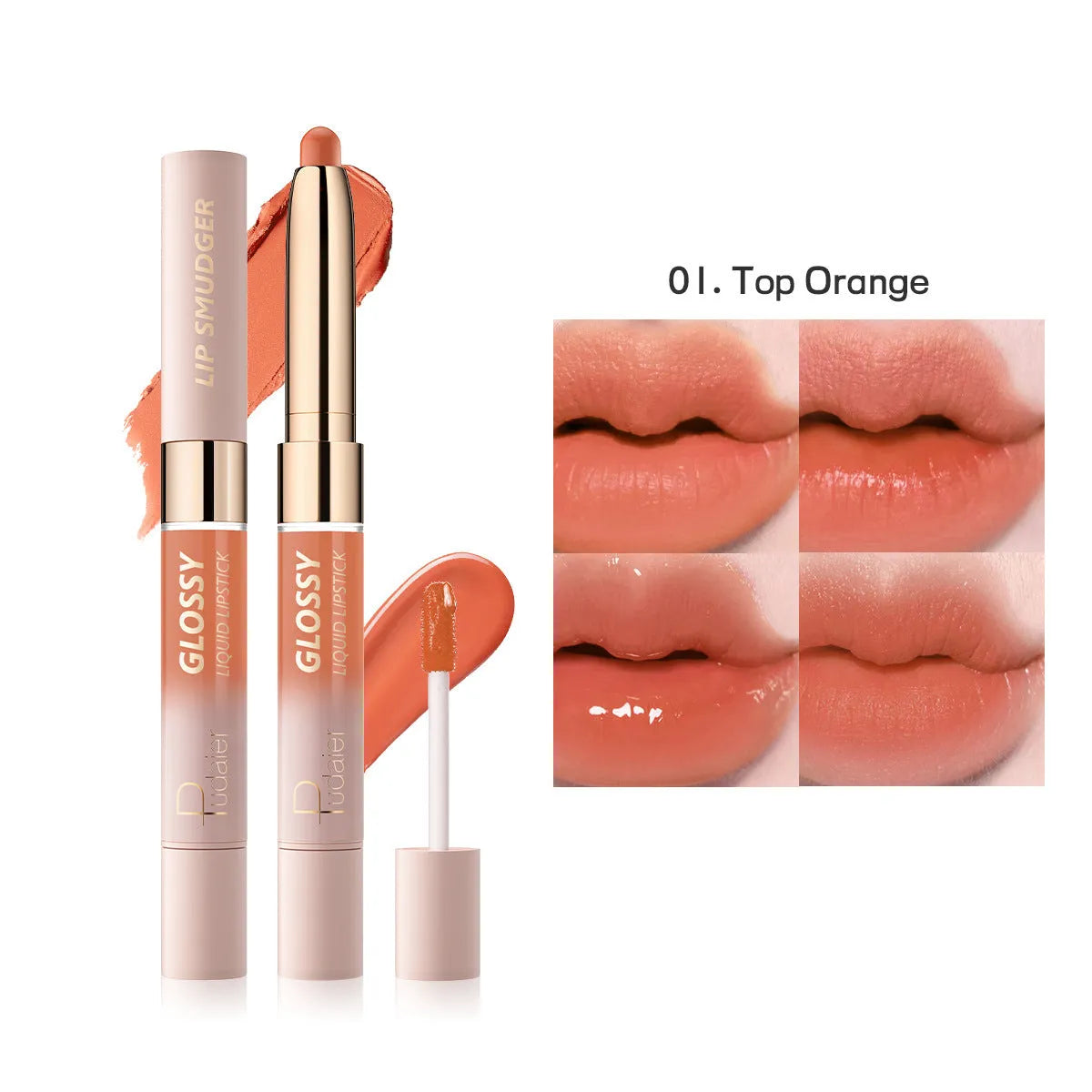 Double-headed matte lipstick and lip gloss cosmetic stick in one of ten available colours.
