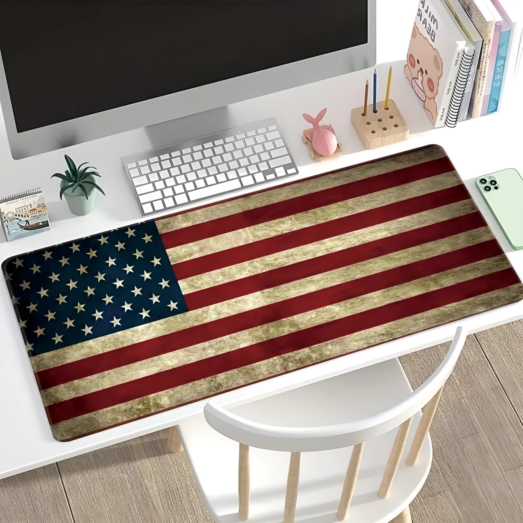 Large natural rubber desk mat with printed pattern, shown on a desk with keyboard and mouse.