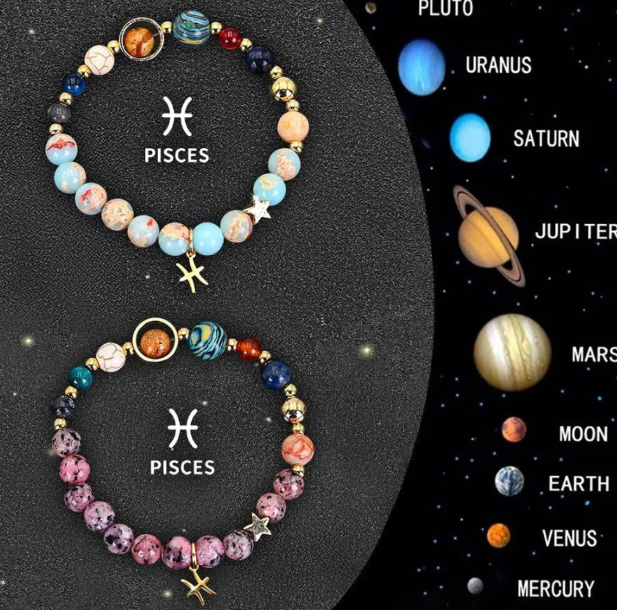 Set of two natural stone beaded bracelets showing zodiac sign designs on elasticated cords