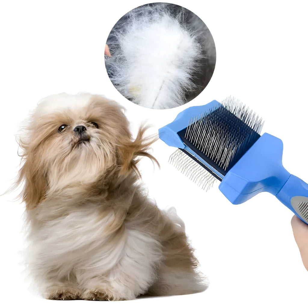 Blue double-sided pet brush with stainless steel pins and ergonomic handle on a white background