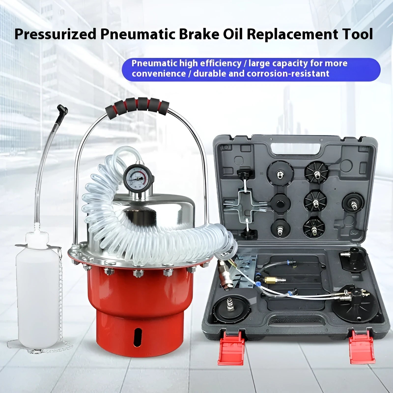 Pneumatic brake fluid replacement machine with pressure gauge and large fluid tank for automotive workshop use.