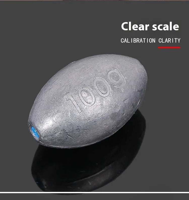 Rugby-shaped olive fishing lead sinker with scale tongxin and plastic core, weights from 10g to 150g.