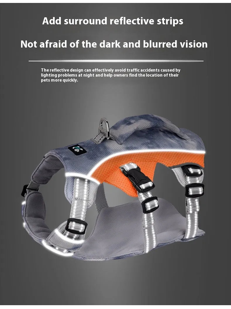Reflective light blue dog harness chest strap shown on a canine mannequin.