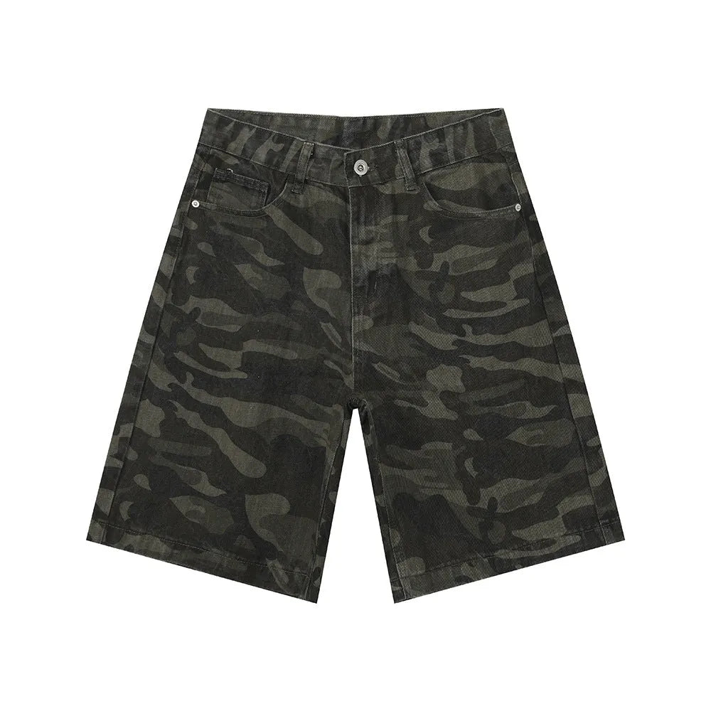 Men's American-style camouflage loose wide leg cotton denim shorts with zipper fly