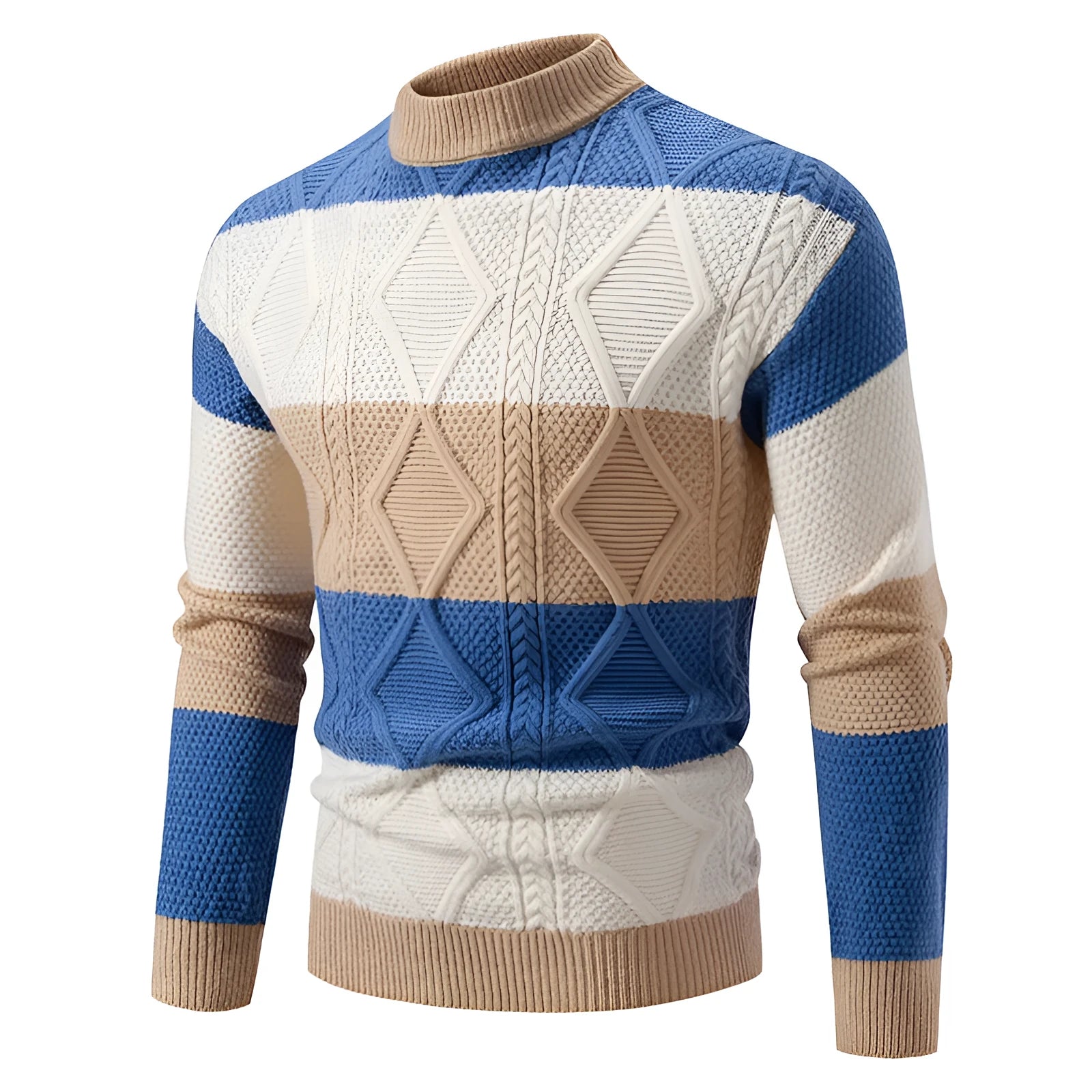 Men's fall winter loose fit colour block rhombus twisted sweater pullover in black, white and khaki