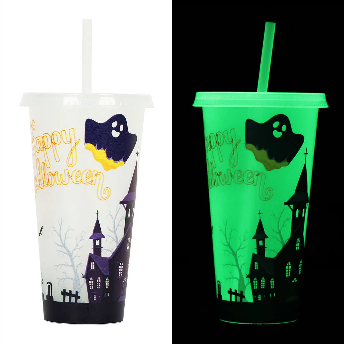 720ml Halloween luminous plastic straw cup with drinking straw in cylindrical design
