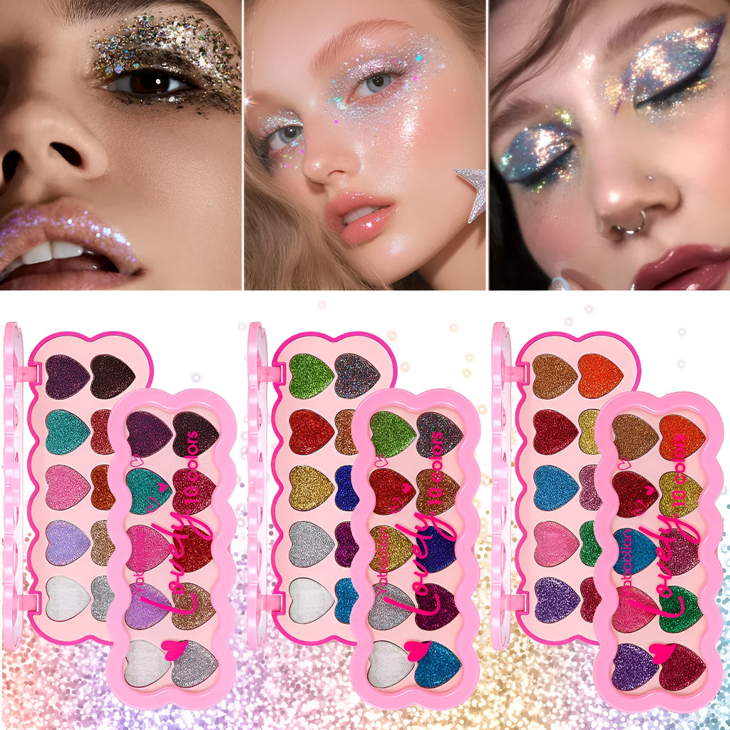 Heart-shaped ten-colour eye shadow palette with pearlescent sequin finishes in white, beige, pink, purple, brown, blue, black, royal blue, maroon, and coral.