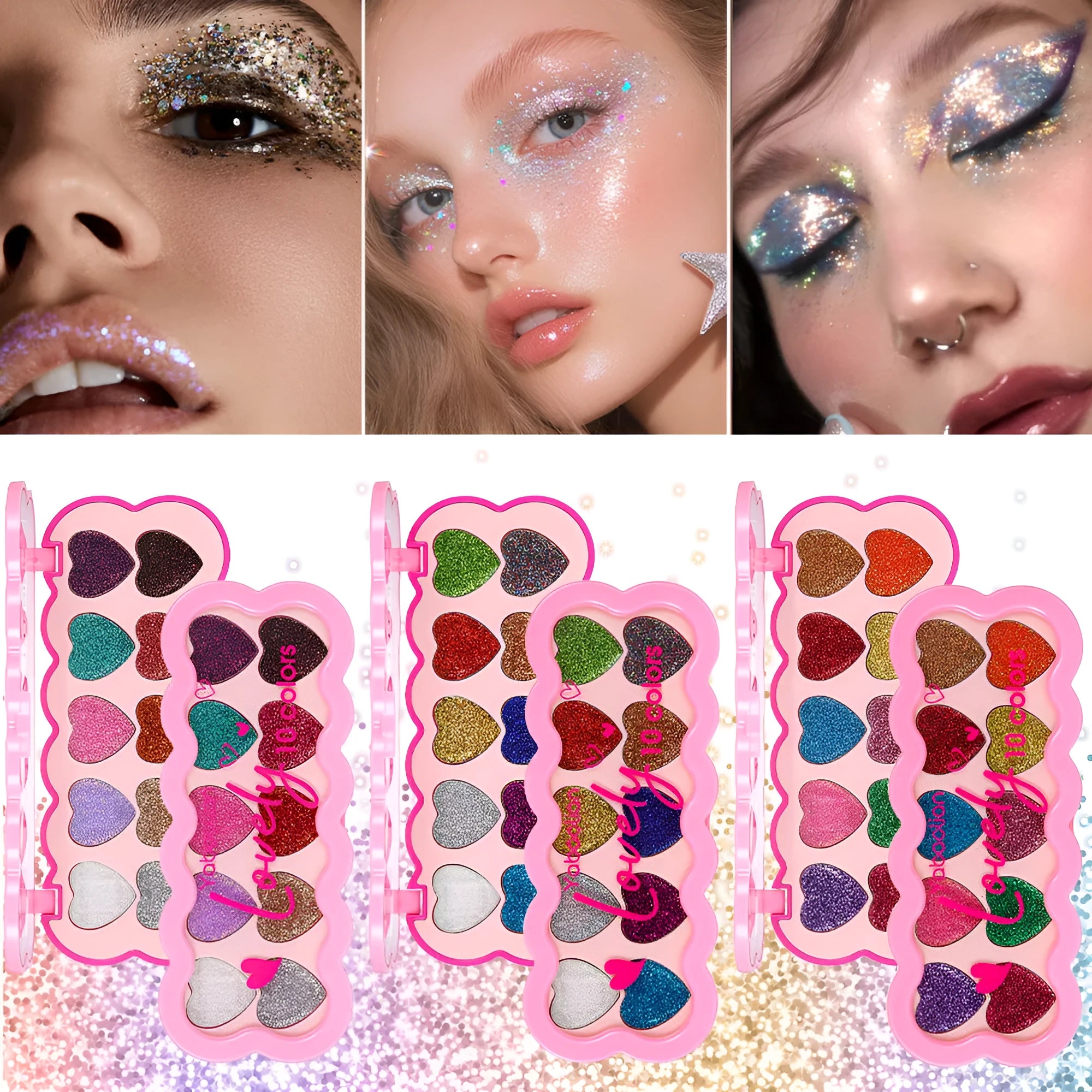 Heart-shaped ten-colour eye shadow palette with pearlescent sequin finishes in white, beige, pink, purple, brown, blue, black, royal blue, maroon, and coral.