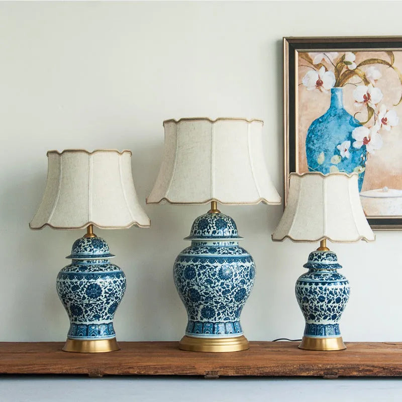 Blue and white porcelain Chinese table lamp with handmade ceramic body and cloth shade