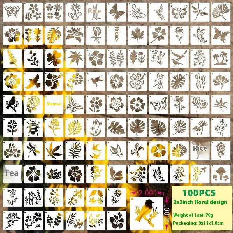 Milky white PET film hollow spray painting stencils showing animal, letter, and floral patterns at 2-inch size