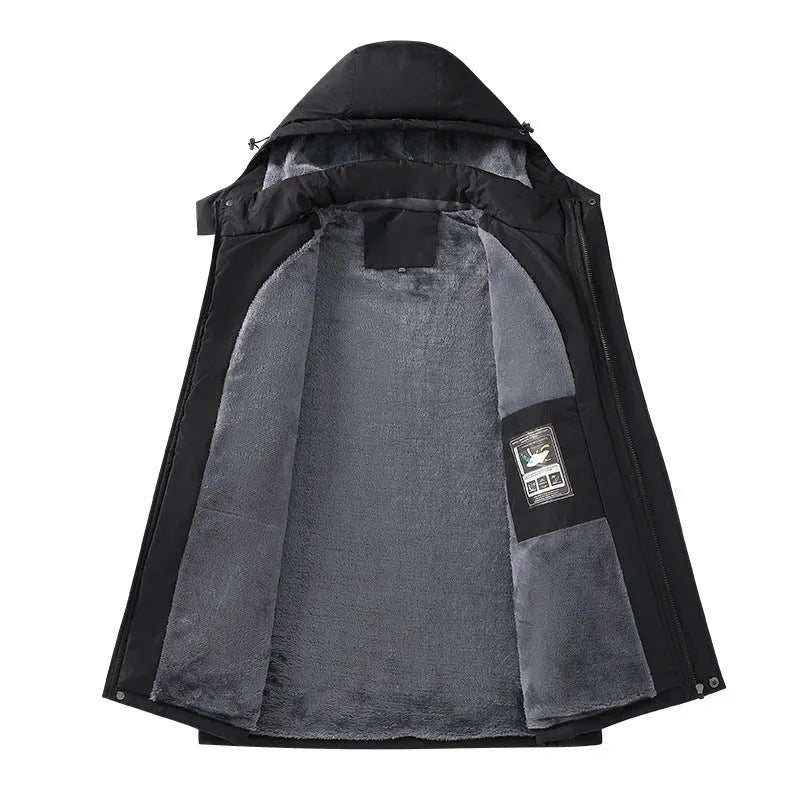 Men's plus size loose fit hooded coat in army green, showing front view with zipper and hood.